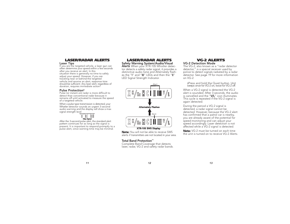 Laser/radar alerts, Vg-2 alerts | Whistler XTR-105 User Manual | Page 5 / 9