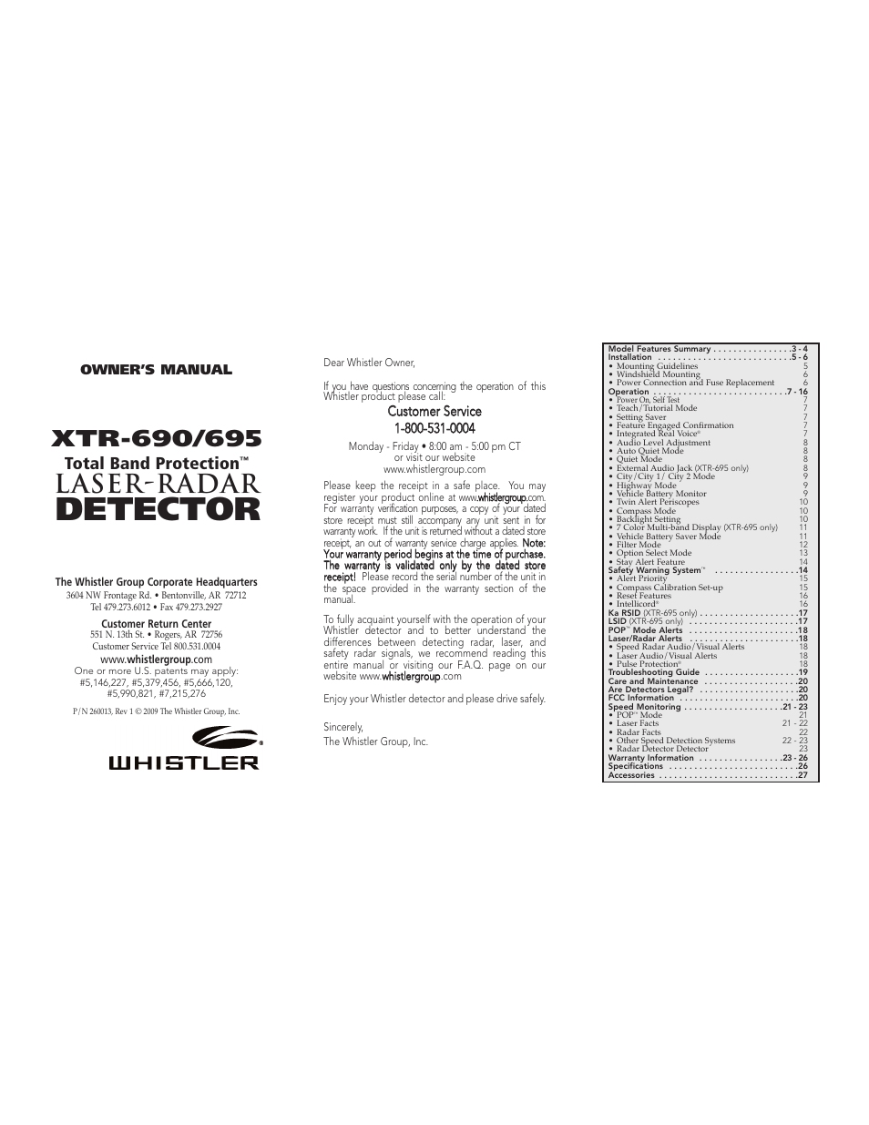 Whistler TOTAL BAND PROTECTION XTR-695 User Manual | 9 pages