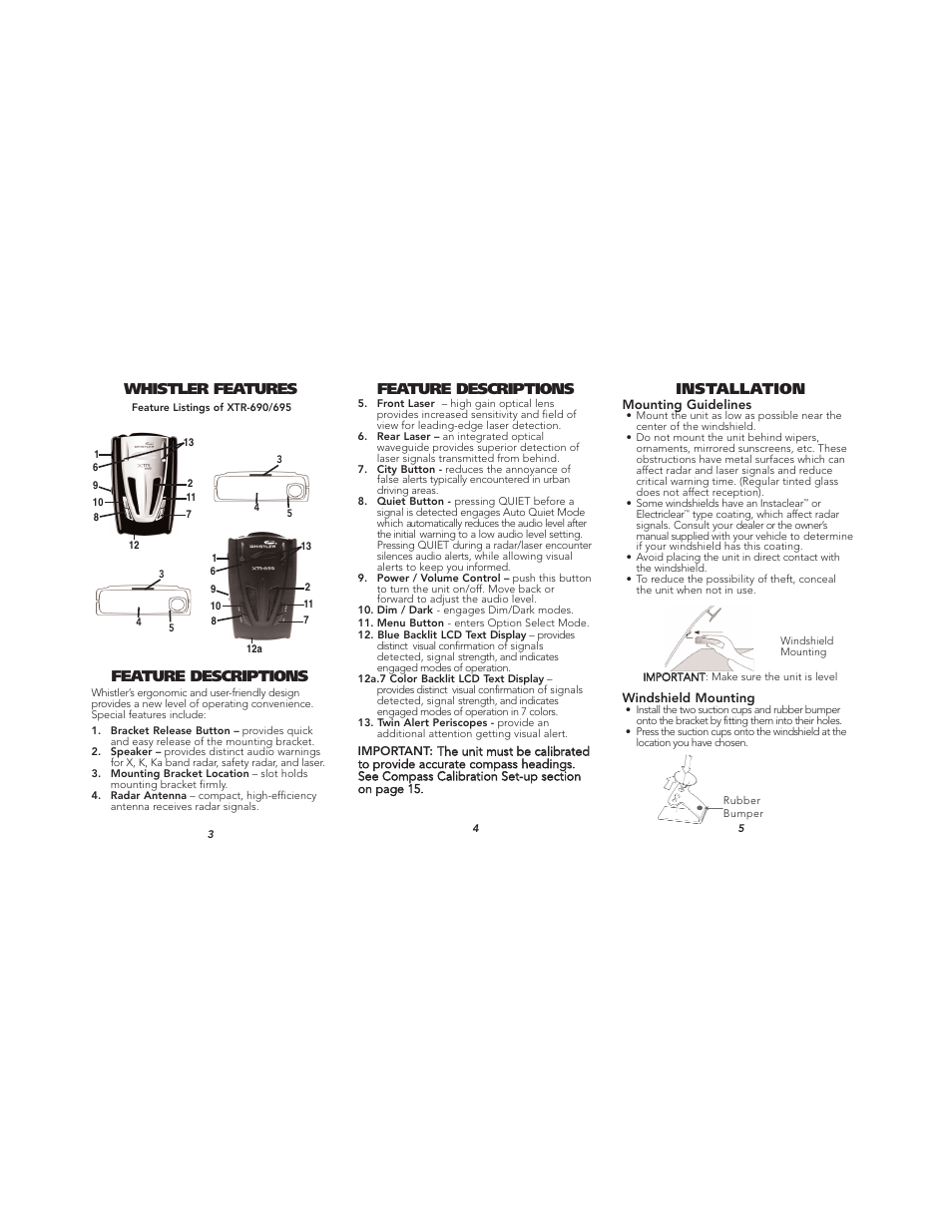 Whistler features, Feature descriptions, Installation | Whistler TOTAL BAND PROTECTION XTR-695 User Manual | Page 2 / 9