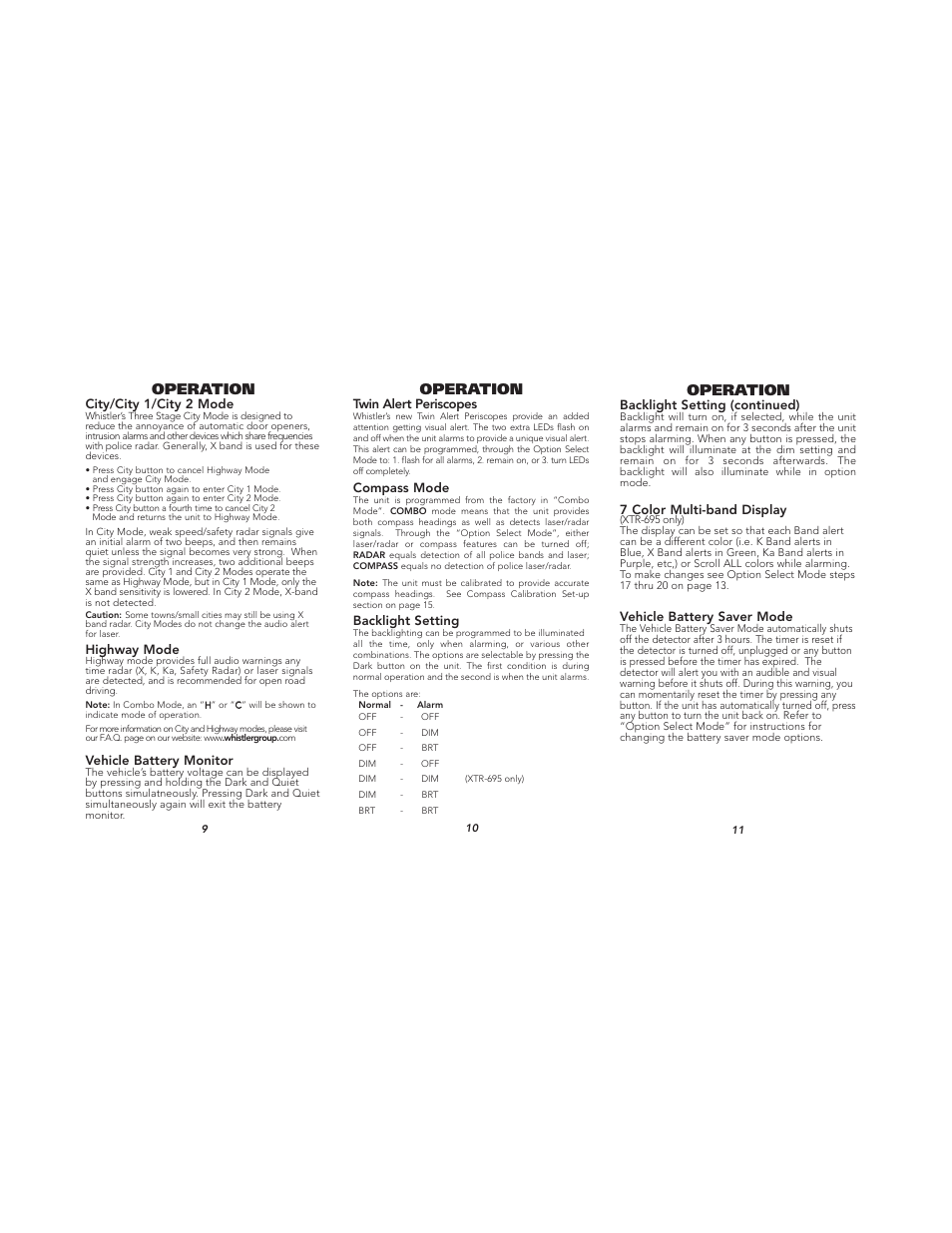 Operation | Whistler TOTAL BAND PROTECTION XTR-695 User Manual | Page 4 / 9