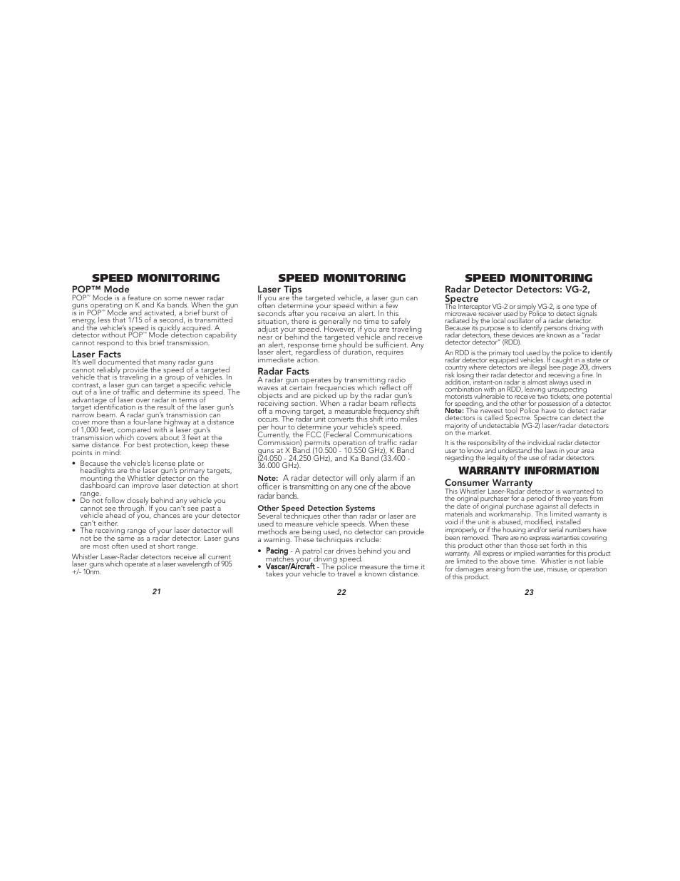 Speed monitoring, Warranty information | Whistler TOTAL BAND PROTECTION XTR-695 User Manual | Page 8 / 9
