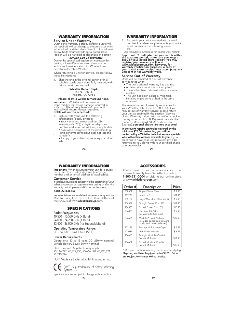 Speci fic ations, Warranty information, Accessories | Whistler TOTAL BAND PROTECTION XTR-695 User Manual | Page 9 / 9