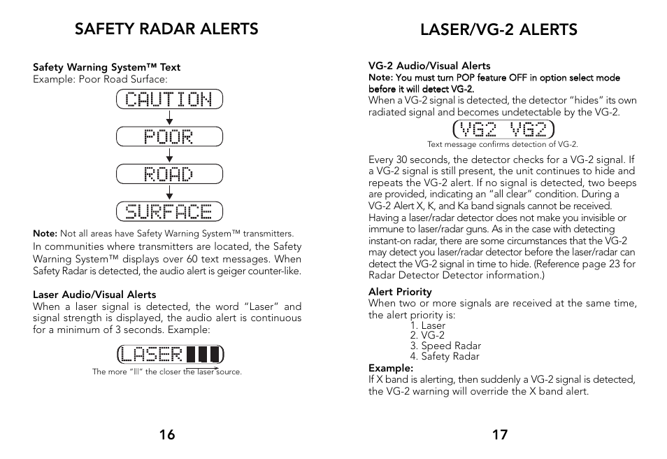 Laser/vg-2 alerts, Safety radar alerts | Whistler 3500 User Manual | Page 10 / 16