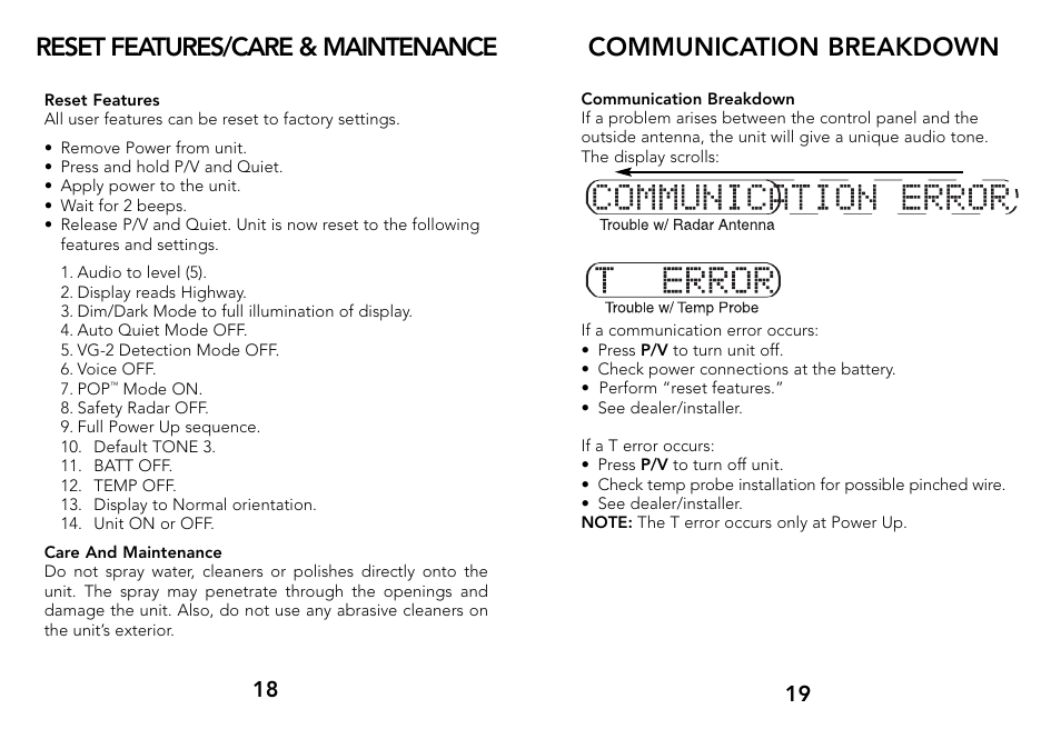 Communication breakdown, Reset features/care & maintenance | Whistler 3500 User Manual | Page 11 / 16