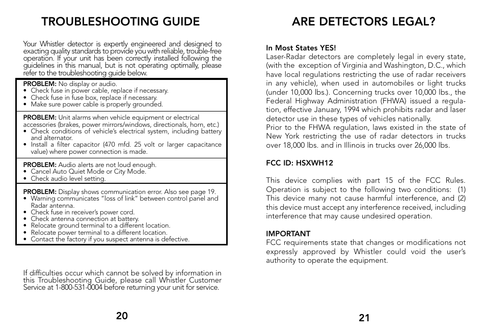 Are detectors legal, Troubleshooting guide | Whistler 3500 User Manual | Page 12 / 16