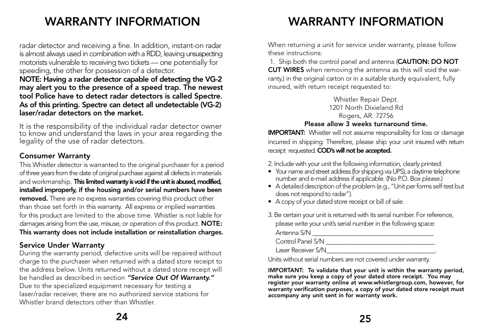 Warranty information | Whistler 3500 User Manual | Page 14 / 16