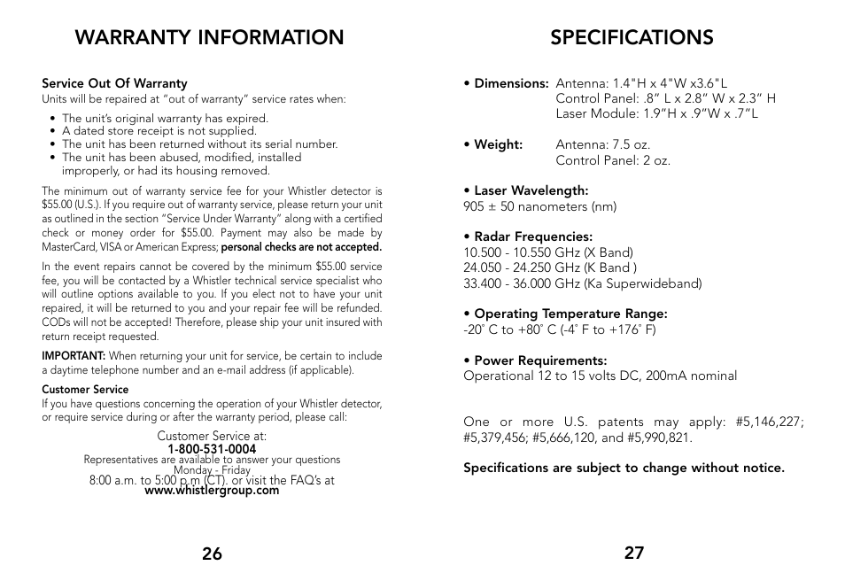 Specifications, Warranty information | Whistler 3500 User Manual | Page 15 / 16