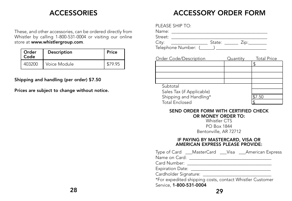 Accessory order form, Accessories | Whistler 3500 User Manual | Page 16 / 16