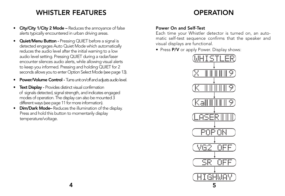 Operation, Whistler features | Whistler 3500 User Manual | Page 4 / 16