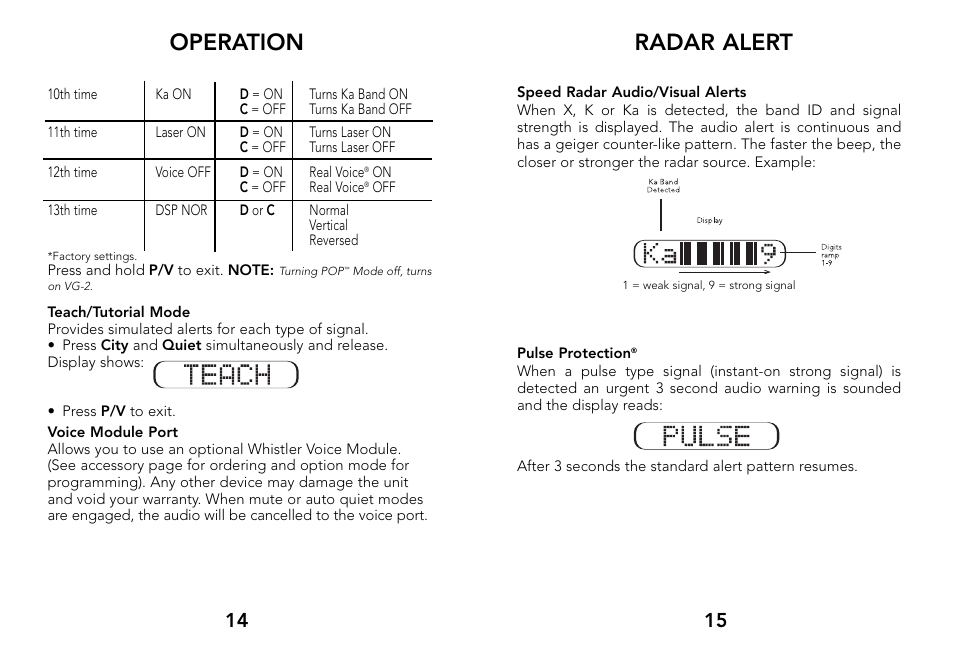 Radar alert, Operation | Whistler 3500 User Manual | Page 9 / 16