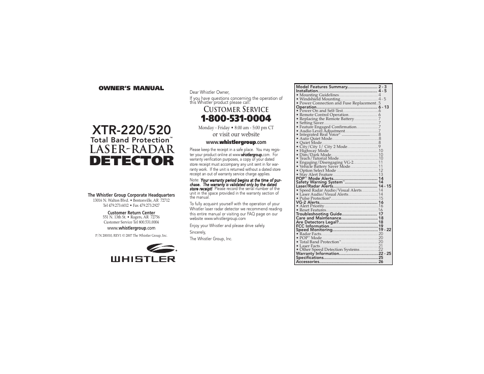 Whistler XTR-220 User Manual | 9 pages