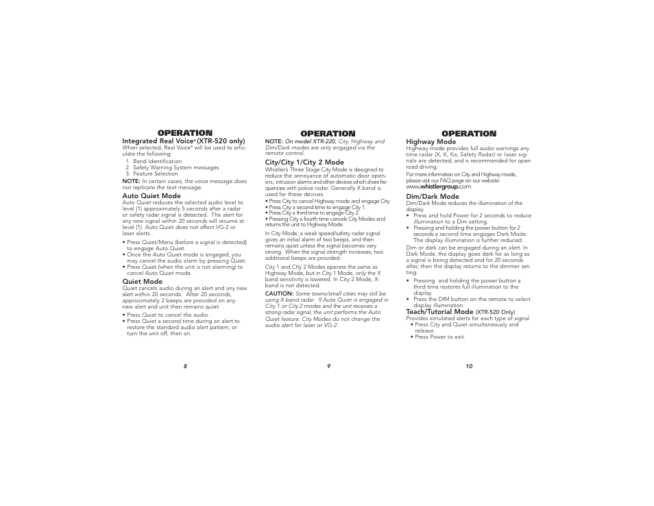 Operation | Whistler XTR-220 User Manual | Page 4 / 9