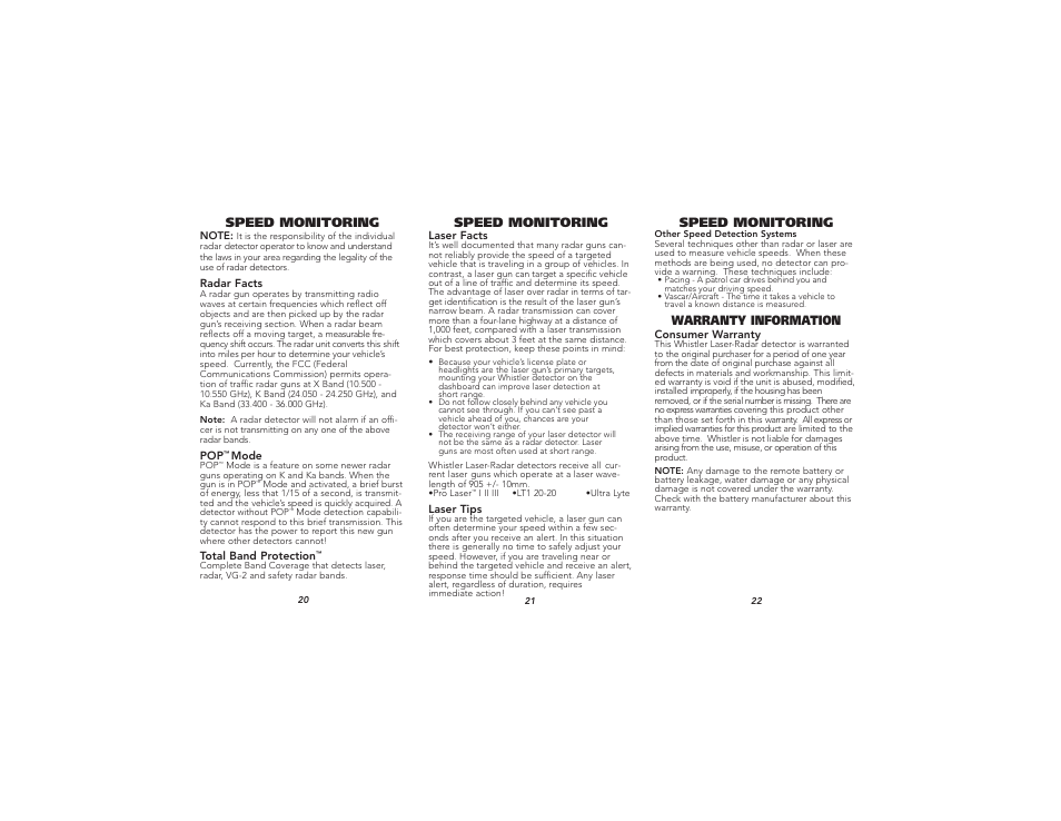 Speed monitoring, Warranty information | Whistler XTR-220 User Manual | Page 8 / 9