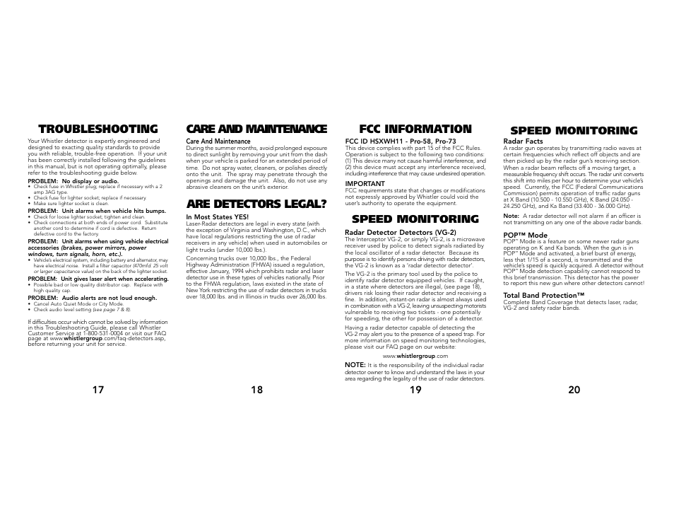 Are detectors legal, Speed monitoring | Whistler Pro-58/73 User Manual | Page 6 / 8