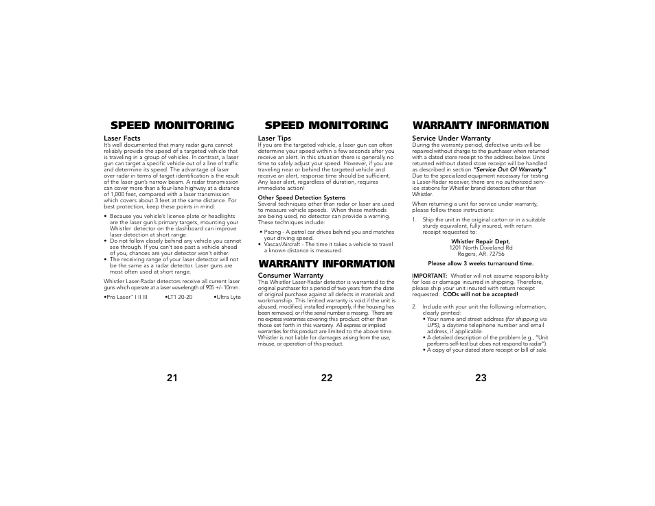 Speed monitoring, Speed monitoring warranty information, Warranty information | Whistler Pro-58/73 User Manual | Page 7 / 8