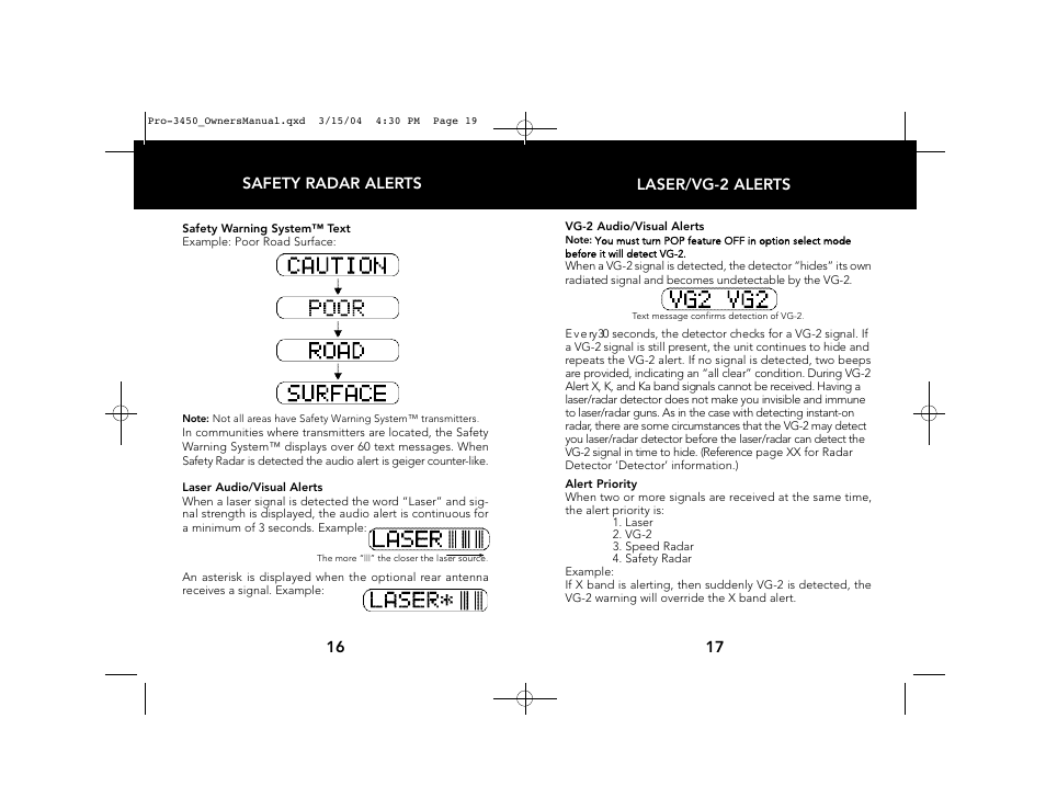 Laser/vg-2 alerts, 16 safety radar alerts | Whistler PRO-3450 User Manual | Page 10 / 16