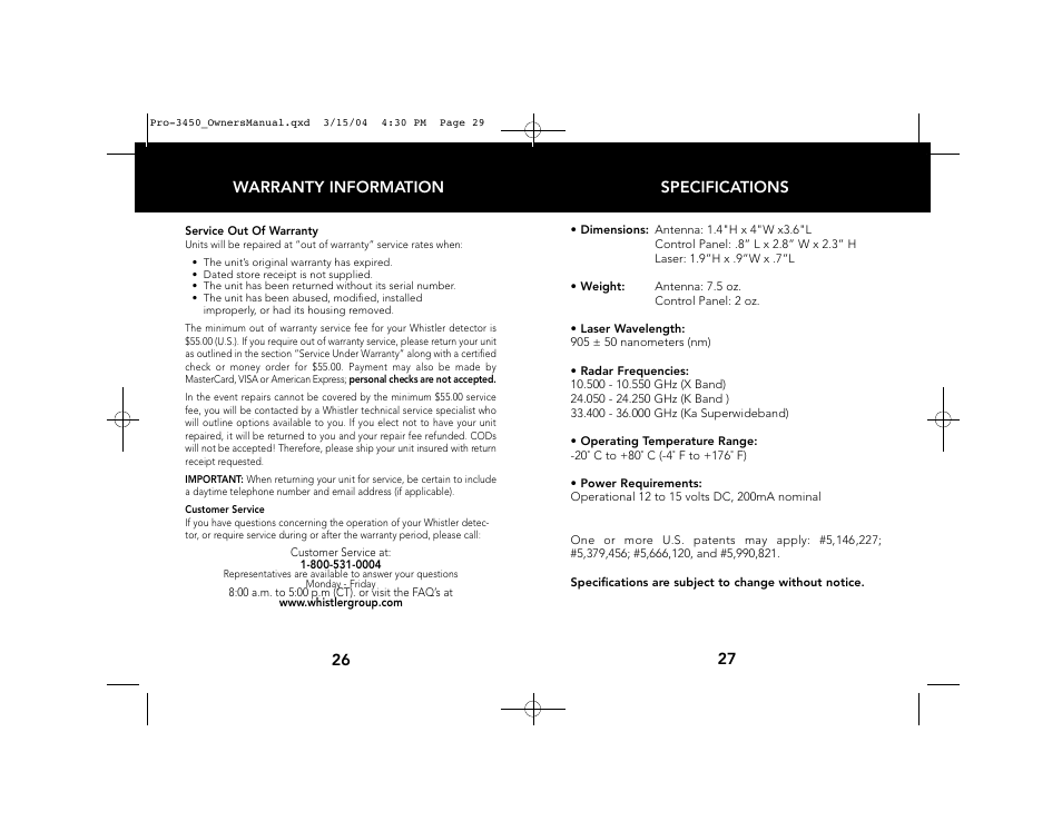 Specifications 27 warranty information 26 | Whistler PRO-3450 User Manual | Page 15 / 16