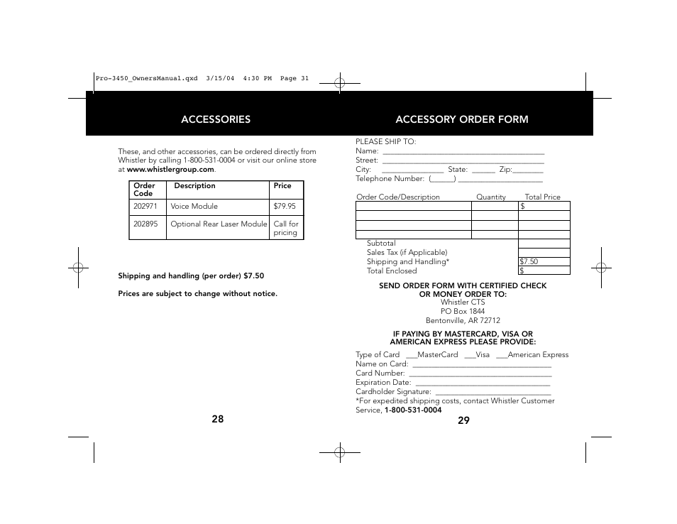 Accessory order form 29, Accessories 28 | Whistler PRO-3450 User Manual | Page 16 / 16