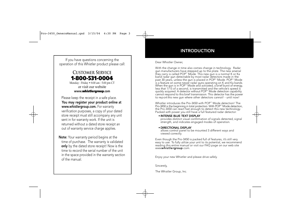 Introduction | Whistler PRO-3450 User Manual | Page 2 / 16