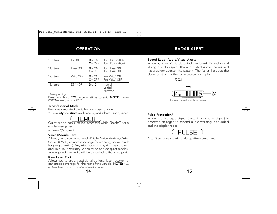 Radar alert 15 operation 14 | Whistler PRO-3450 User Manual | Page 9 / 16