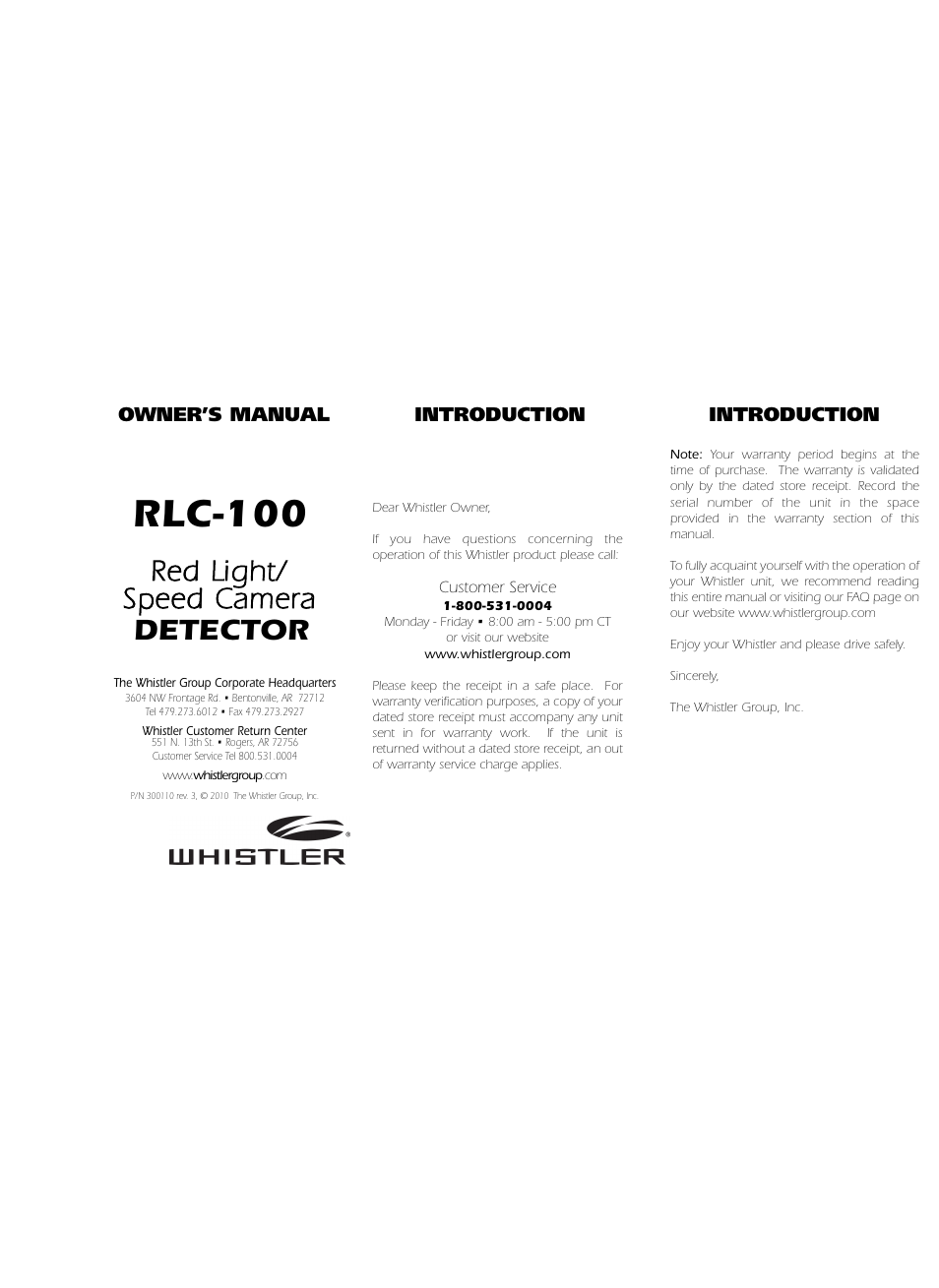 Whistler RED LIGHT/ SPEED CAMERA DETECTOR RLC-100 User Manual | 9 pages