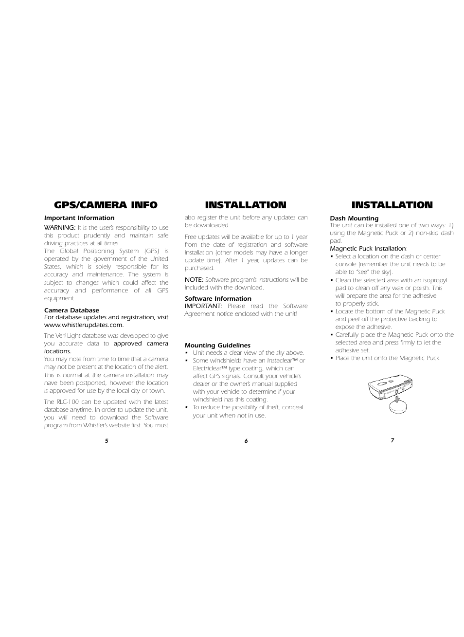 Gps/camera info installation, Installation | Whistler RED LIGHT/ SPEED CAMERA DETECTOR RLC-100 User Manual | Page 3 / 9