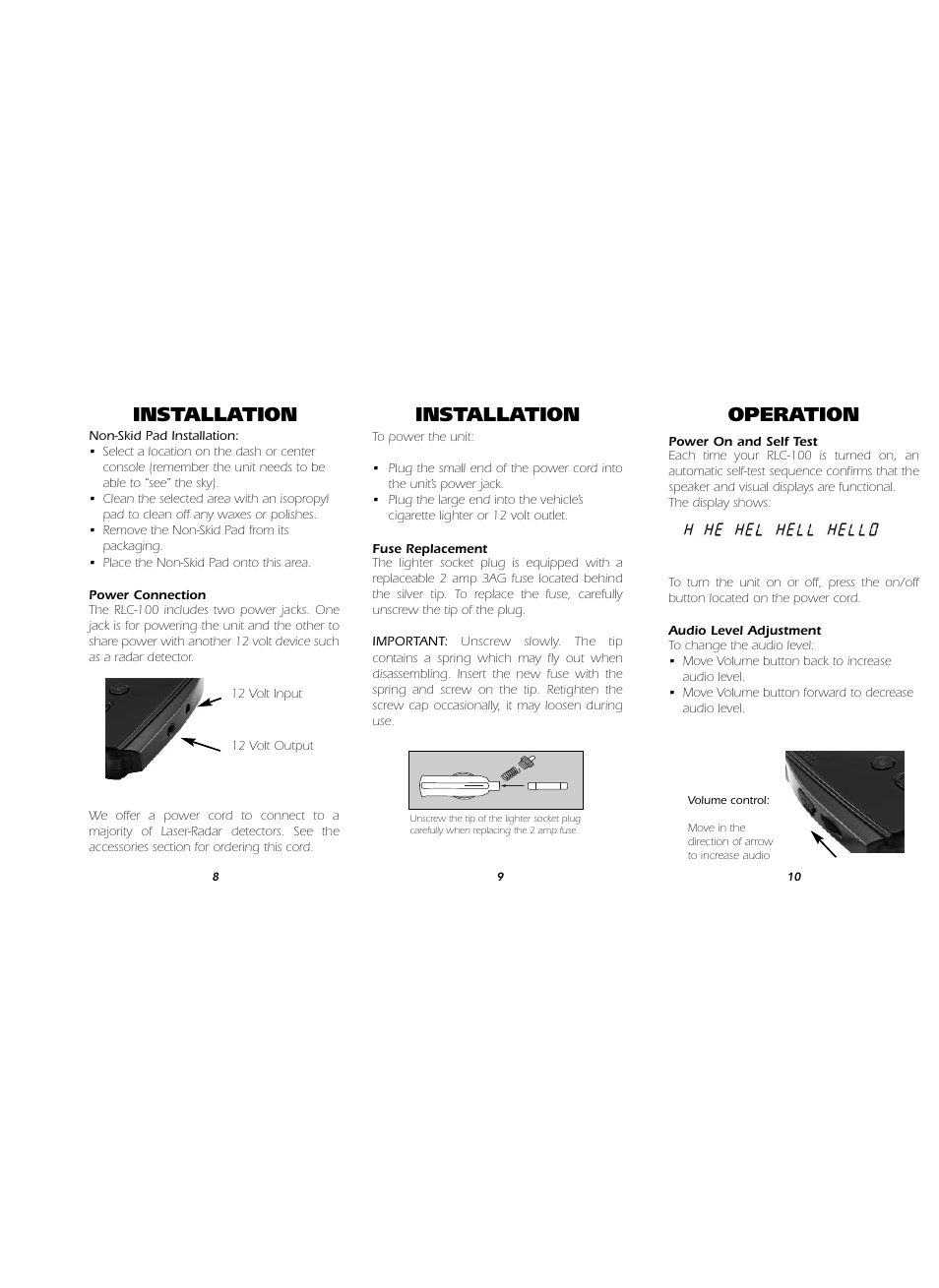 Installation, Operation | Whistler RED LIGHT/ SPEED CAMERA DETECTOR RLC-100 User Manual | Page 4 / 9