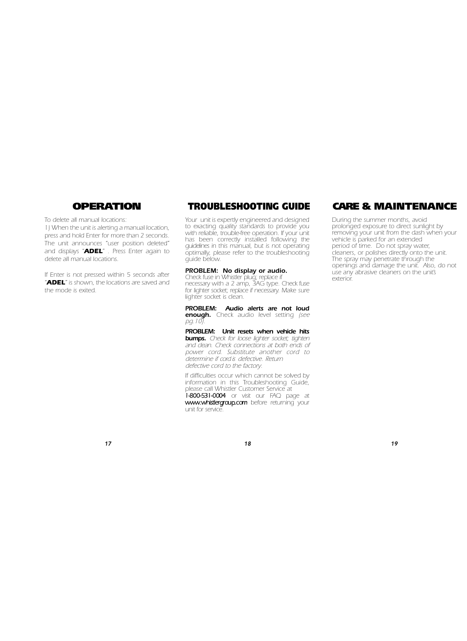 Operation, Troubleshooting guide care & maintenance | Whistler RED LIGHT/ SPEED CAMERA DETECTOR RLC-100 User Manual | Page 7 / 9