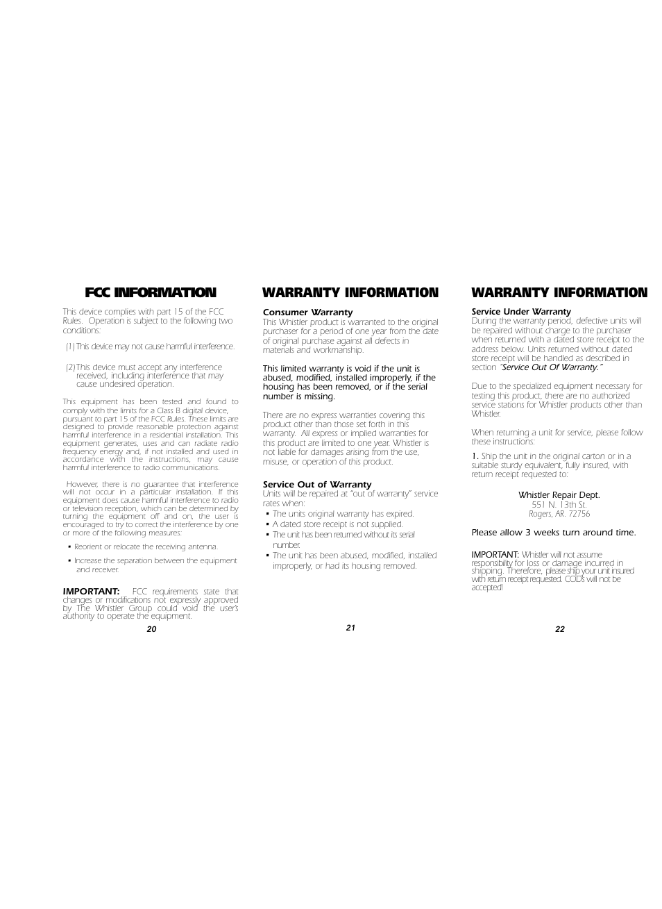 Fcc information, Warranty information | Whistler RED LIGHT/ SPEED CAMERA DETECTOR RLC-100 User Manual | Page 8 / 9