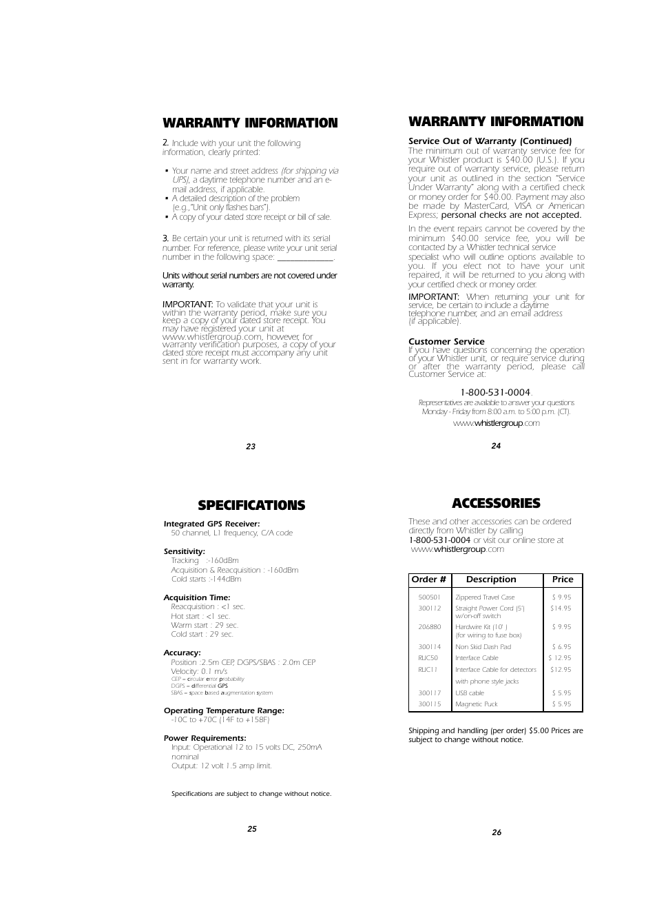 Warranty information, Specifications, Accessories | Whistler RED LIGHT/ SPEED CAMERA DETECTOR RLC-100 User Manual | Page 9 / 9