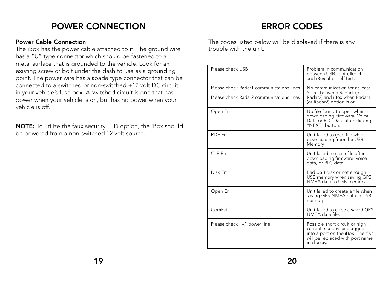 Power connection, Error codes | Whistler PRO-3600 User Manual | Page 11 / 13