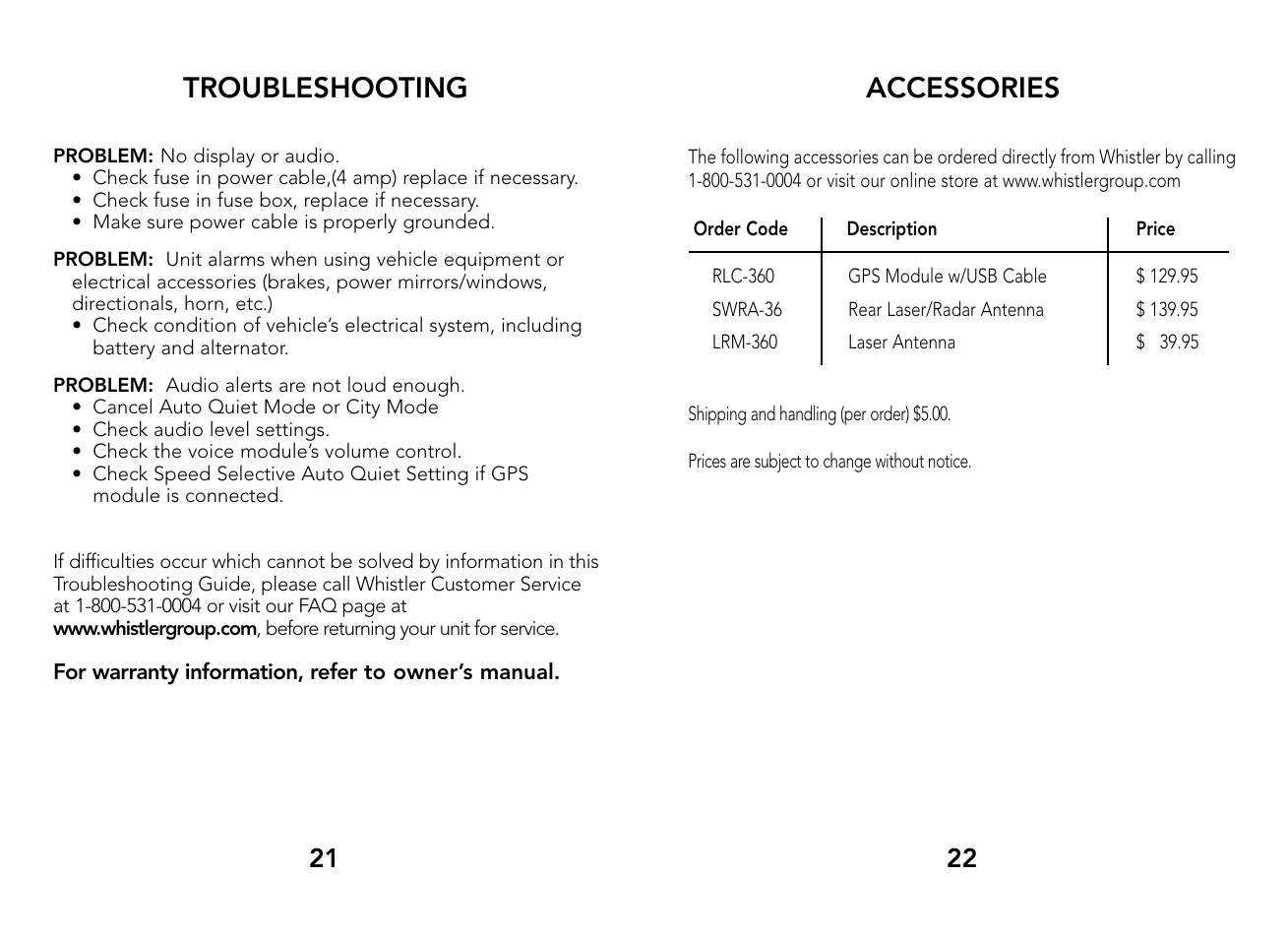 Troubleshooting, Accessories | Whistler PRO-3600 User Manual | Page 12 / 13