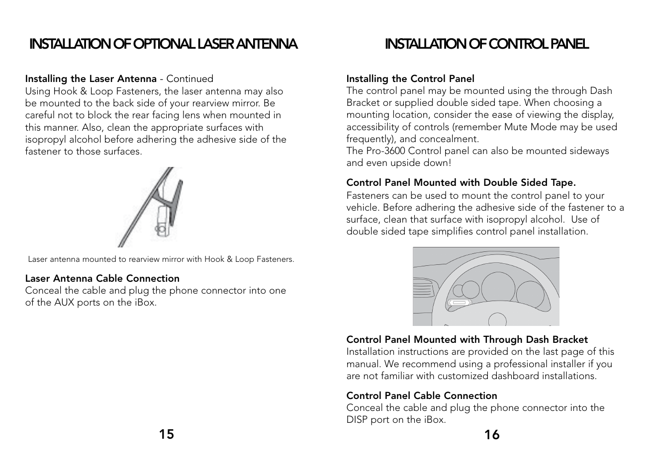 Installation of optional laser antenna, Installation of control panel | Whistler PRO-3600 User Manual | Page 9 / 13