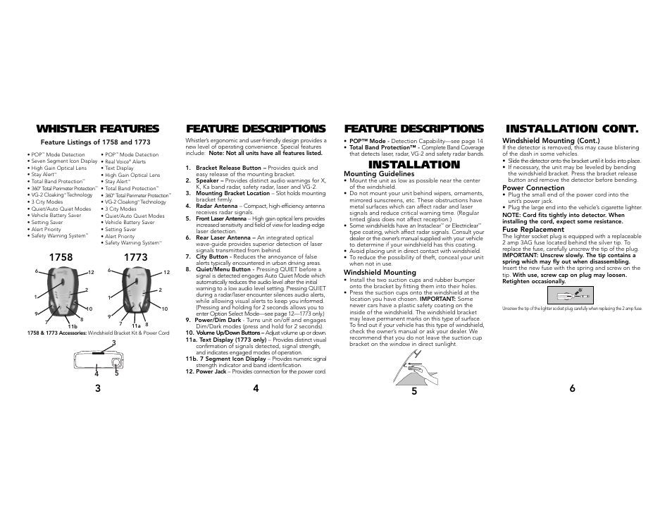 Feature descriptions, Installation | Whistler 1758 User Manual | Page 2 / 8