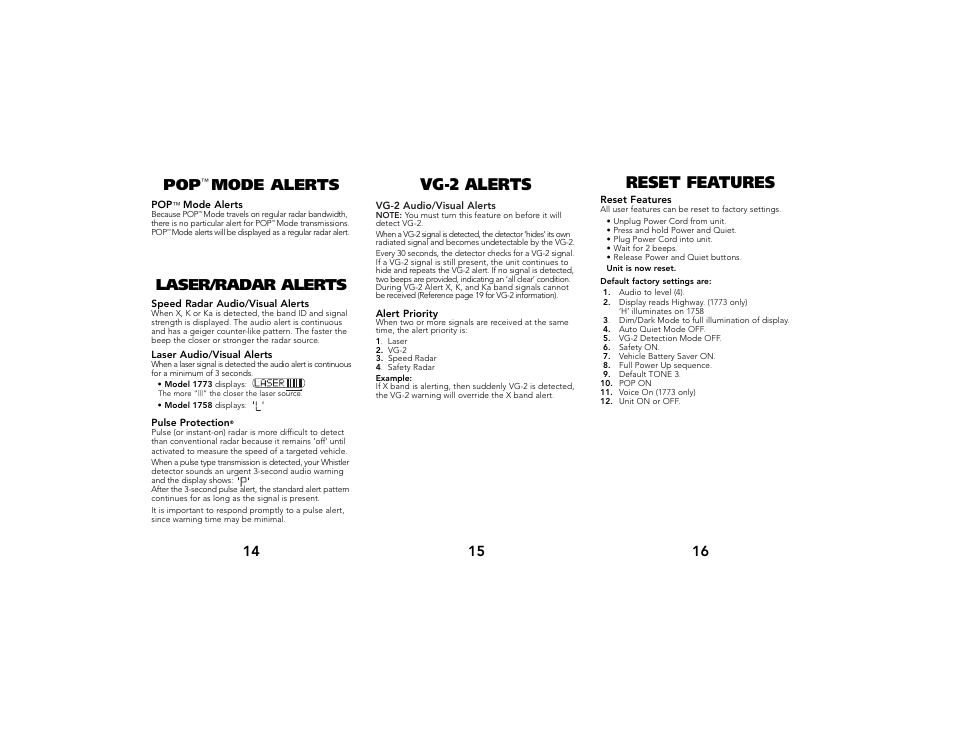 Vg-2 alerts reset features, Laser/radar alerts, Mode alerts | Whistler 1758 User Manual | Page 5 / 8