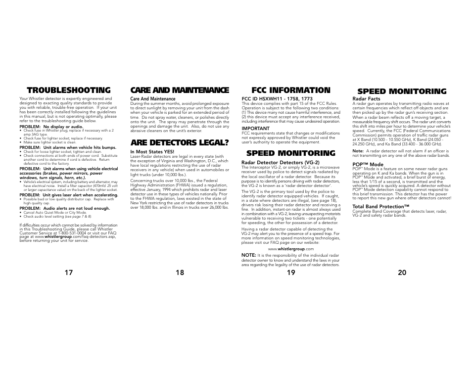 Are detectors legal, Speed monitoring | Whistler 1758 User Manual | Page 6 / 8