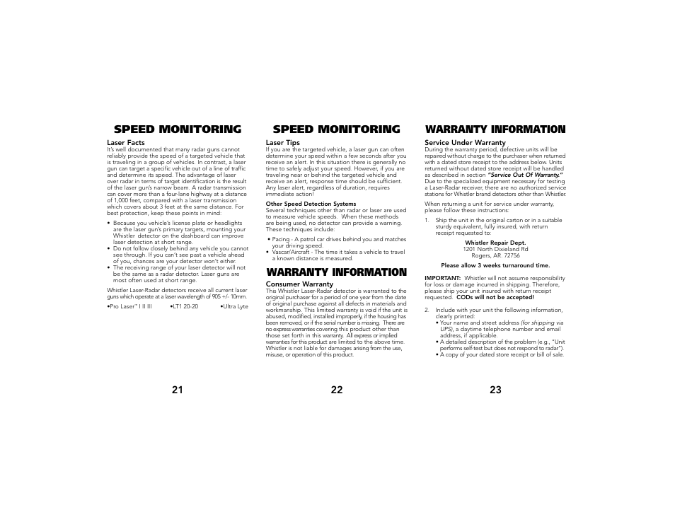 Speed monitoring, Speed monitoring warranty information, Warranty information | Whistler 1758 User Manual | Page 7 / 8