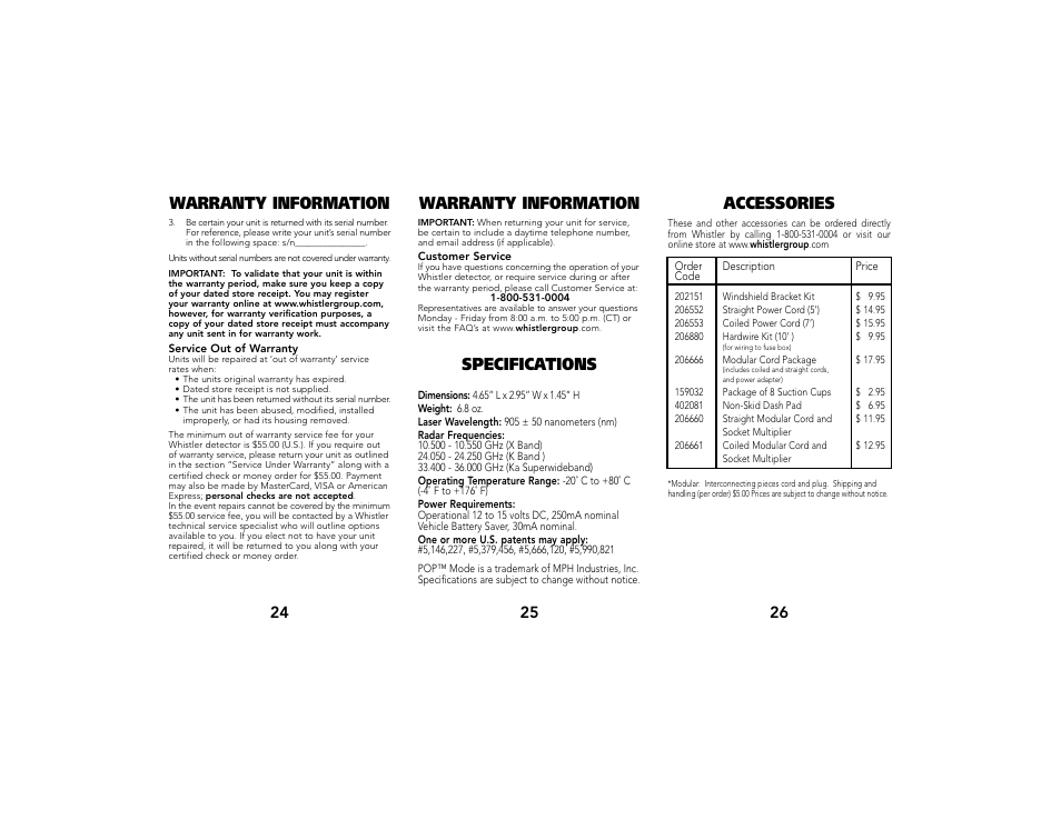 Specifications | Whistler 1758 User Manual | Page 8 / 8