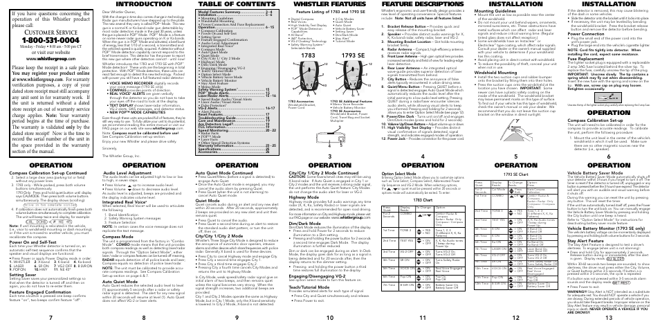 Installation, Operation, Ustomer | Ervice, Or visit our website | Whistler 1783 User Manual | Page 4 / 9