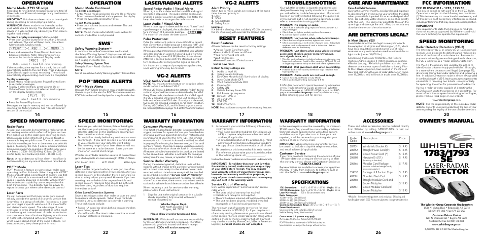 Detector, Laser-radar, Troubleshooting | Vg-2 alerts, Are detectors legal, Reset features, Operation, Laser/radar alerts, Speed monitoring, Specifications | Whistler 1783 User Manual | Page 8 / 9