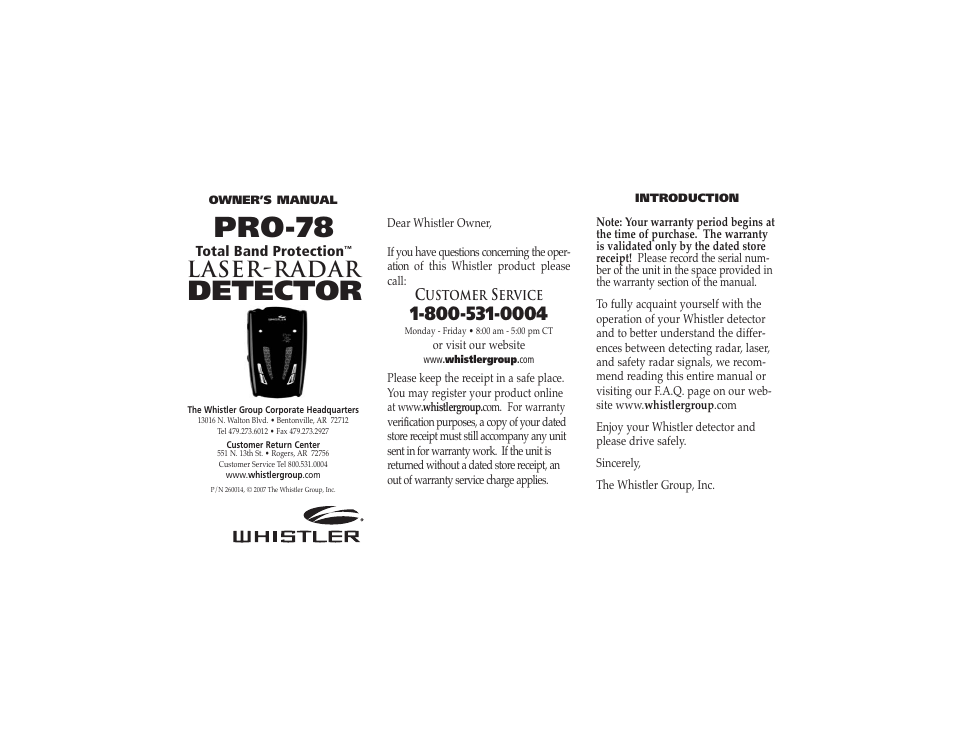 Whistler PRO-78 User Manual | 9 pages