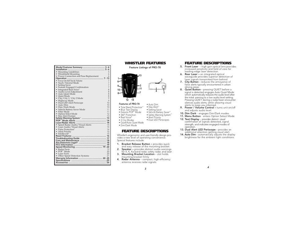 Whistler features, Feature descriptions | Whistler PRO-78 User Manual | Page 2 / 9