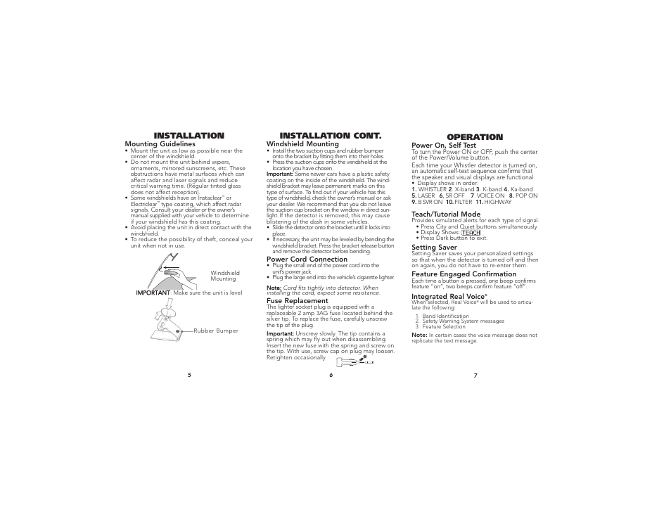 Installation, Installation cont, Operation | Whistler PRO-78 User Manual | Page 3 / 9