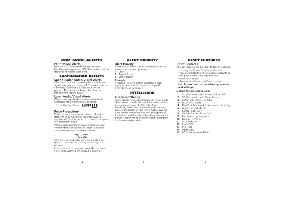 Laser/radar alerts, Mode alerts, Intellicord | Alert priority, Reset features | Whistler PRO-78 User Manual | Page 6 / 9