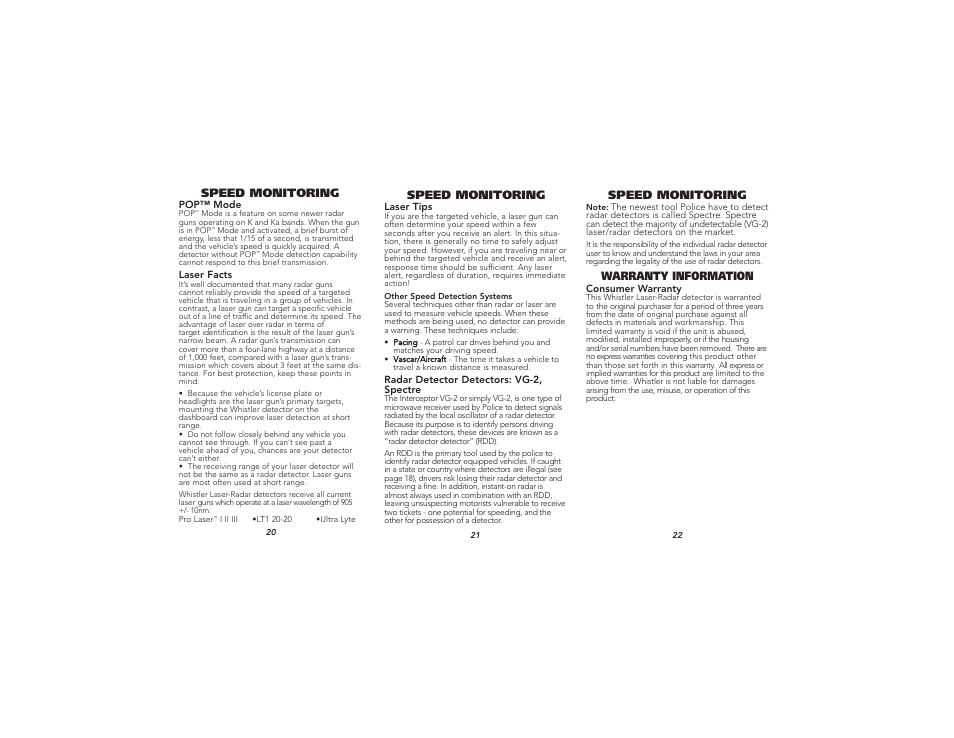 Speed monitoring, Warranty information | Whistler PRO-78 User Manual | Page 8 / 9