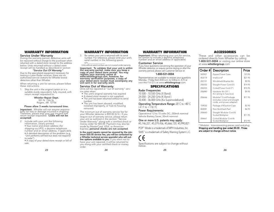 Warranty information, Speci fic ations, Accessories | Whistler PRO-78 User Manual | Page 9 / 9