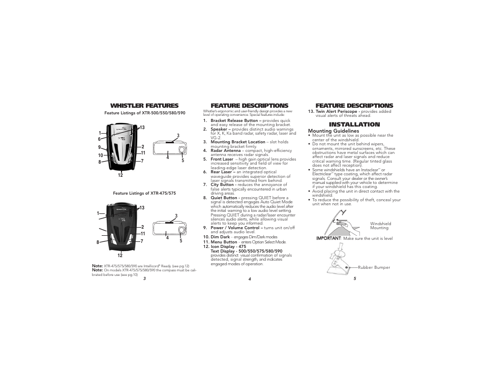 Whistler features, Feature descriptions, Installation | Whistler XTR-550 User Manual | Page 2 / 9