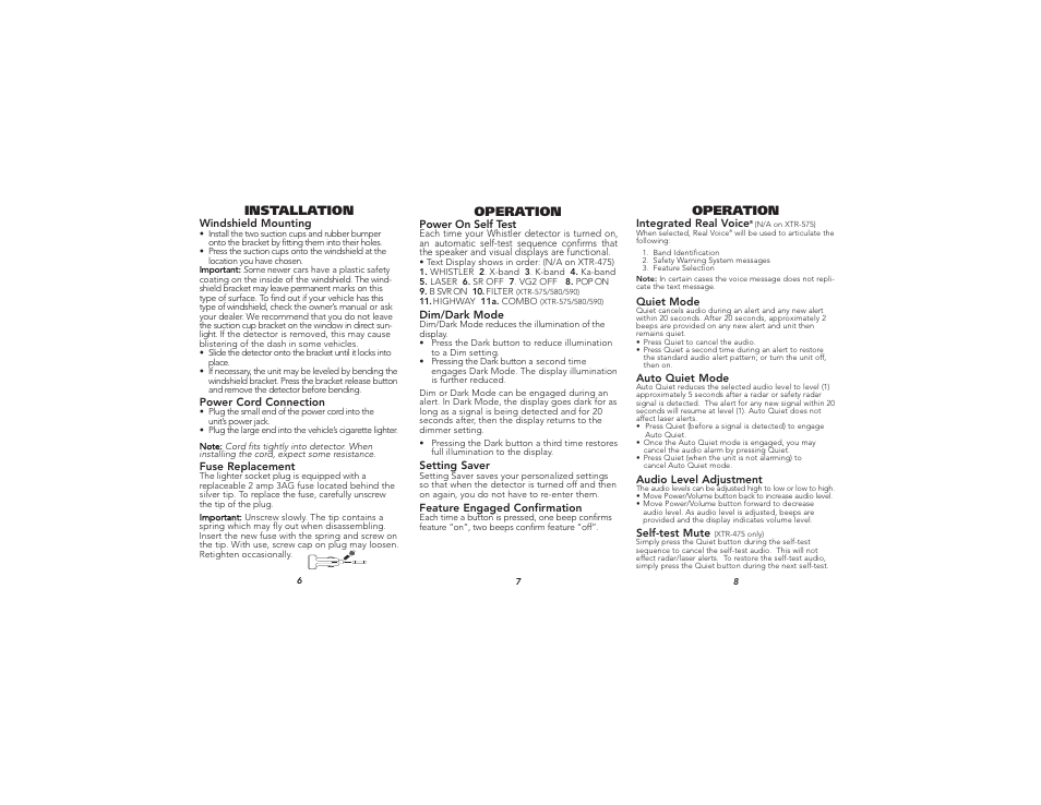 Installation operation, Operation | Whistler XTR-550 User Manual | Page 3 / 9