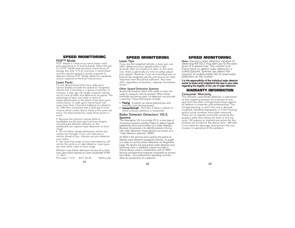 Speed monitoring, Warranty information | Whistler XTR-550 User Manual | Page 8 / 9