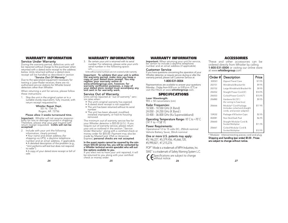Warranty information, Speci fic ations, Accessories | Whistler XTR-550 User Manual | Page 9 / 9